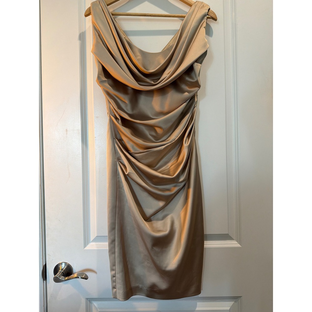 Davids Bridal Champagne Gold Satin Ruched Cowl Neck Cocktail Dress Size 16